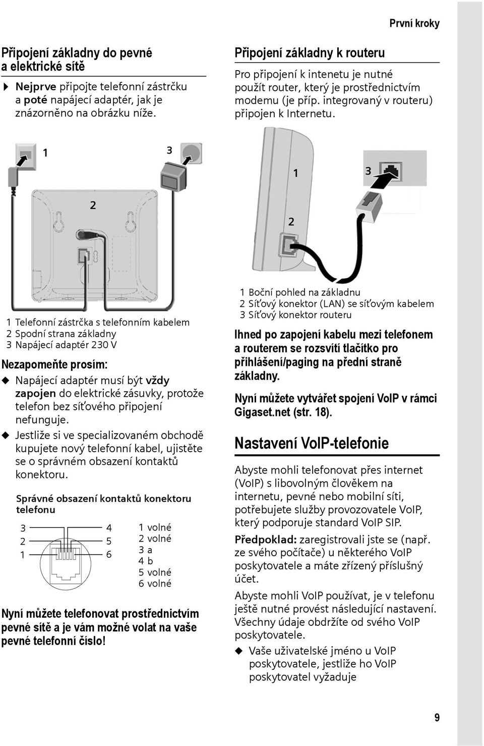 1 3 1 3 3 2 2 1 Telefonní zástrčka s telefonním kabelem 2 Spodní strana základny 3 Napájecí adaptér 230 V Nezapomeňte prosím: u Napájecí adaptér musí být vždy zapojen do elektrické zásuvky, protože