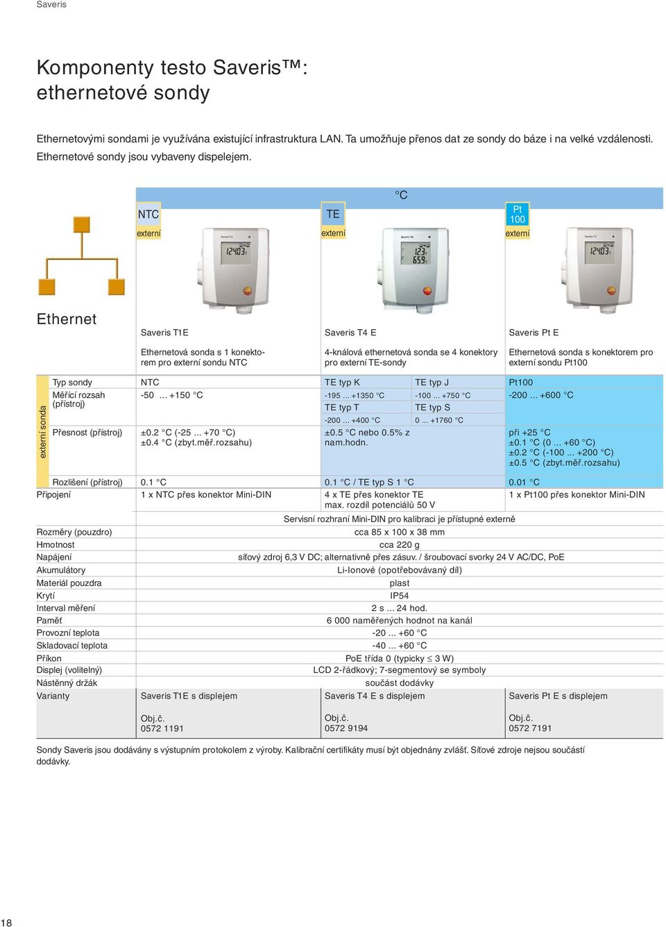 externí TE externí C Pt 100 externí Ethernet Saveris T1E Saveris T4 E Saveris Pt E Ethernetová sonda s 1 konektorem pro externí sondu 4-knálová ethernetová sonda se 4 konektory pro externí TE-sondy