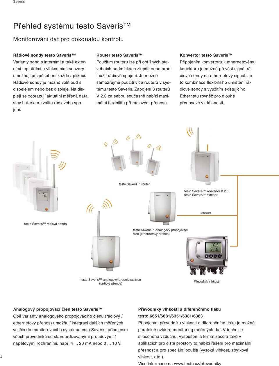 Router testo Saveris Použitím routeru lze při obtížných stavebních podmínkách zlepšit nebo prodloužit rádiové spojení. Je možné samozřejmě použití více routerů v systému testo Saveris.