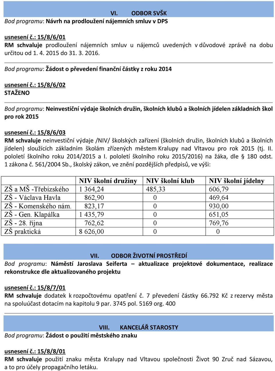 : 15/8/6/02 STAŽENO Bod programu: Neinvestiční výdaje školních družin, školních klubů a školních jídelen základních škol pro rok 2015 usnesení č.