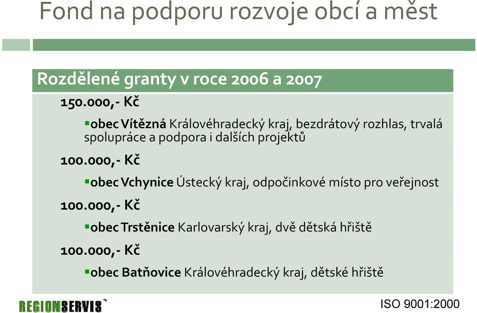 dalších projektů 100.000, Kč obec Vchynice Ústecký kraj, odpočinkové místo pro veřejnost 100.