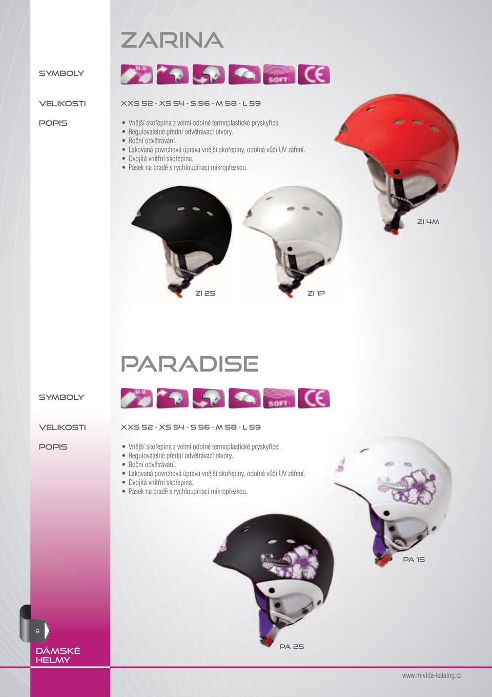 ZI 4M ZI 25 ZI 1P PARADISE XXS 52 - XS 54 - S 56 - M 58 - L 59 Regulovatelné přední odvětrávací