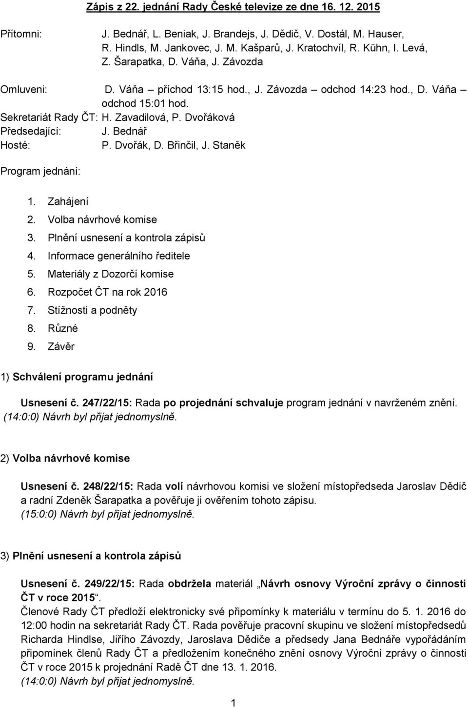 Dvořáková Předsedající: J. Bednář Hosté: P. Dvořák, D. Břinčil, J. Staněk Program jednání: 1. Zahájení 2. Volba návrhové komise 3. Plnění usnesení a kontrola zápisů 4.