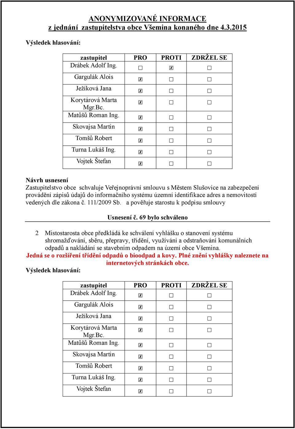 identifikace adres a nemovitostí vedených dle zákona č. 111/2009 Sb. a pověřuje starostu k podpisu smlouvy Usnesení č.