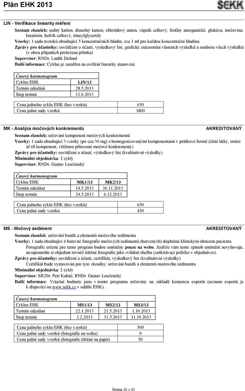souboru všech výsledků (v obou případech proložena přímka) Supervizor: RNDr. Luděk Dohnal Další informace: Cyklus je zaměřen na ověření linearity stanovení. Cyklus EHK LIN/13 Termín odeslání 28.5.