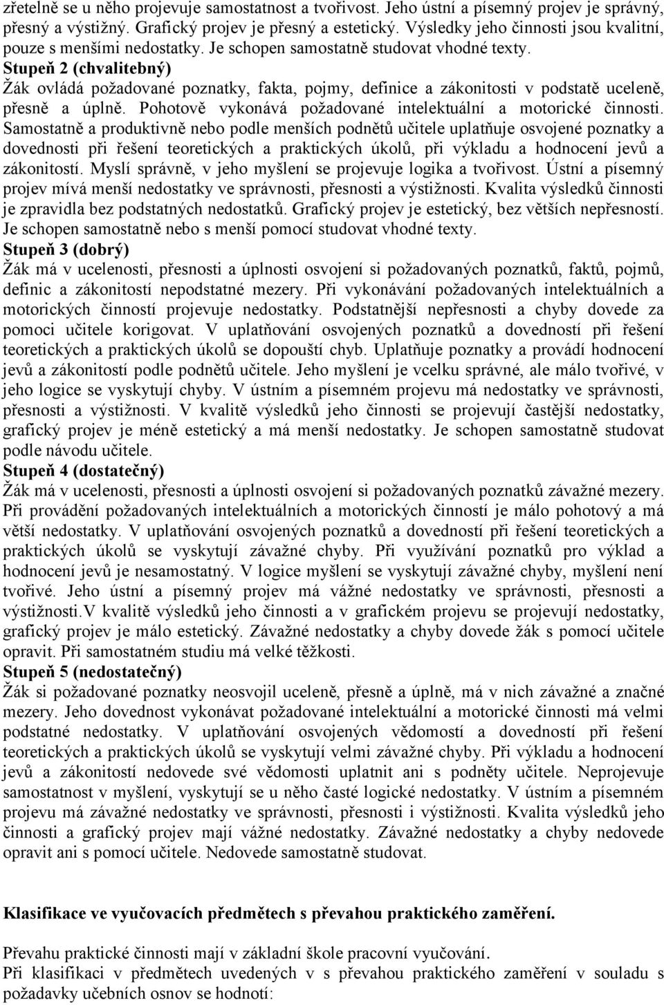 Stupeň 2 (chvalitebný) Žák ovládá požadované poznatky, fakta, pojmy, definice a zákonitosti v podstatě uceleně, přesně a úplně. Pohotově vykonává požadované intelektuální a motorické činnosti.