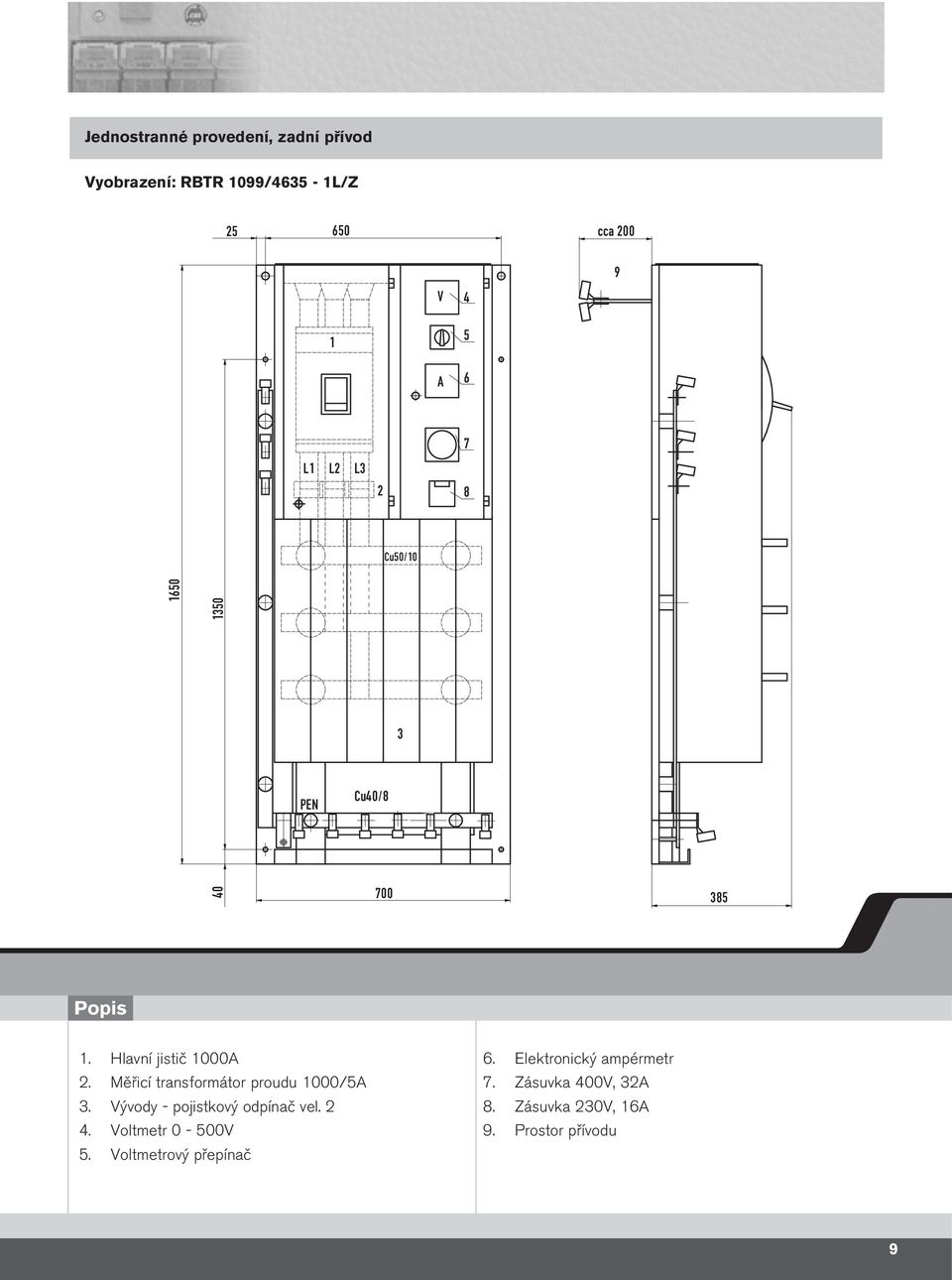 Měřicí transformátor proudu 1000/5 3. ývody - pojistkový odpínač vel. 4. oltmetr 0-500 5.