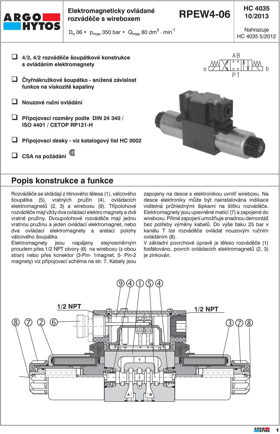 katalogový list HC 0002 CSA na požádání Popis konstrukce a funkce Rozváděče se skládají z litinového tělesa (1), válcového šoupátka (5), vratných pružin (4), ovládacích elektromagnetů (2, 3) a