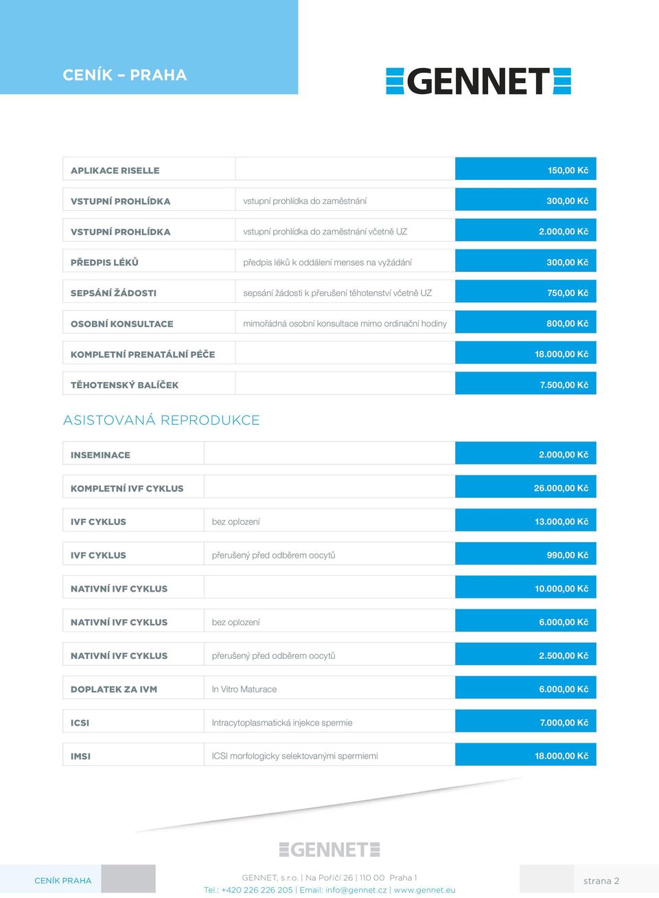 18.000,00 Kč TĚHOTENSKÝ BALÍČEK 7.500,00 Kč ASISTOVANÁ REPRODUKCE INSEMINACE KOMPLETNÍ IVF CYKLUS 26.000,00 Kč IVF CYKLUS bez oplození 13.