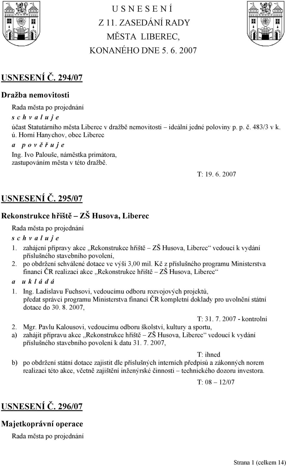 295/07 Rekonstrukce hřiště ZŠ Husova, Liberec 1. zahájení přípravy akce Rekonstrukce hřiště ZŠ Husova, Liberec vedoucí k vydání příslušného stavebního povolení, 2.