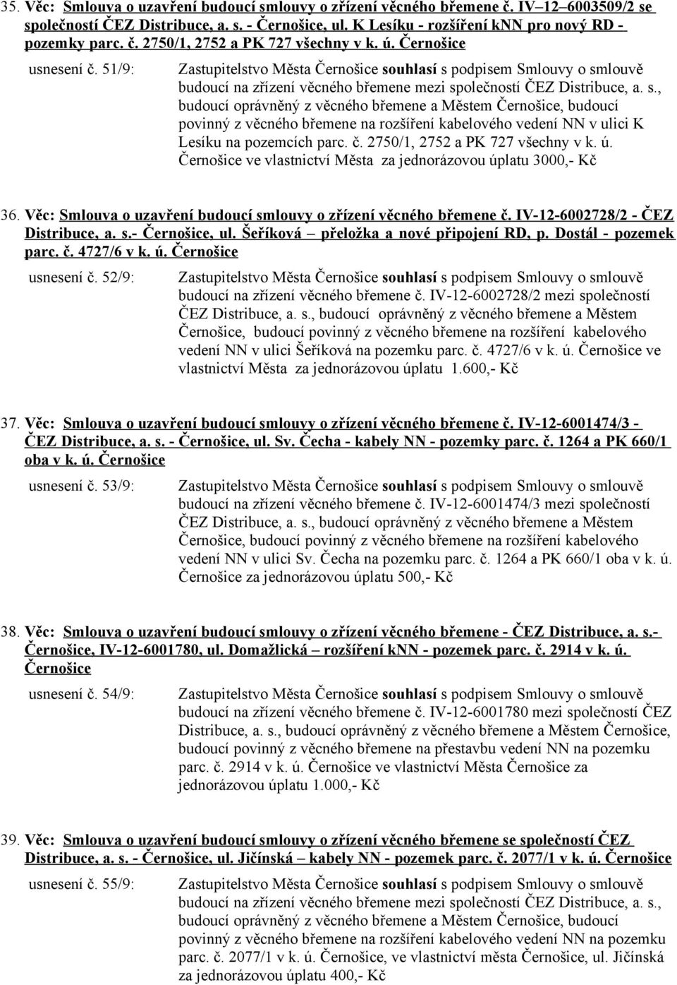 olečností ČEZ Distribuce, a. s., budoucí oprávněný z věcného břemene a Městem Černošice, budoucí povinný z věcného břemene na rozšíření kabelového vedení NN v ulici K Lesíku na pozemcích parc. č.