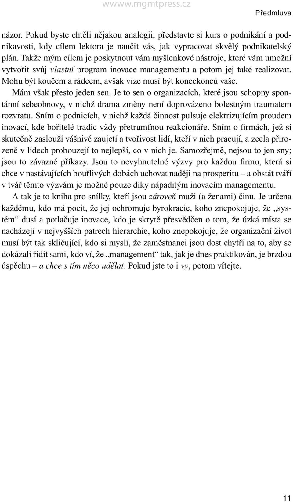 Mohu být koučem a rádcem, avšak vize musí být koneckonců vaše. Mám však přesto jeden sen.