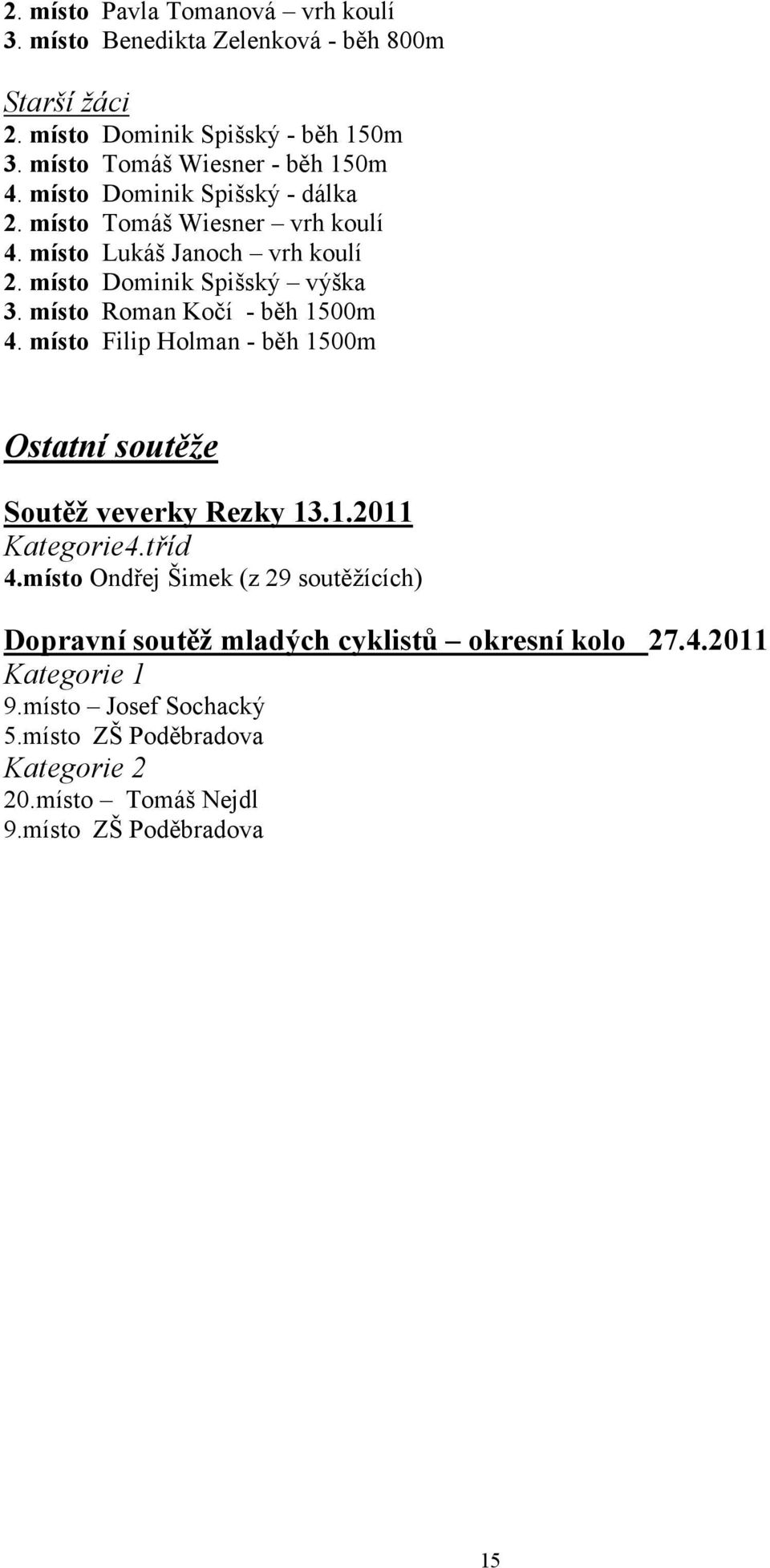 místo Dominik Spišský výška 3. místo Roman Kočí - běh 1500m 4. místo Filip Holman - běh 1500m Ostatní soutěže Soutěž veverky Rezky 13.1.2011 Kategorie4.