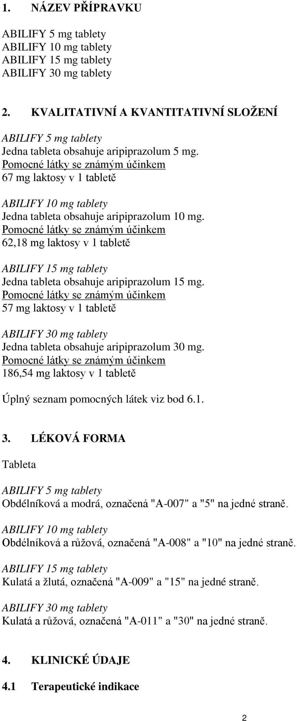 Pomocné látky se známým účinkem 67 mg laktosy v 1 tabletě ABILIFY 10 mg tablety Jedna tableta obsahuje aripiprazolum 10 mg.