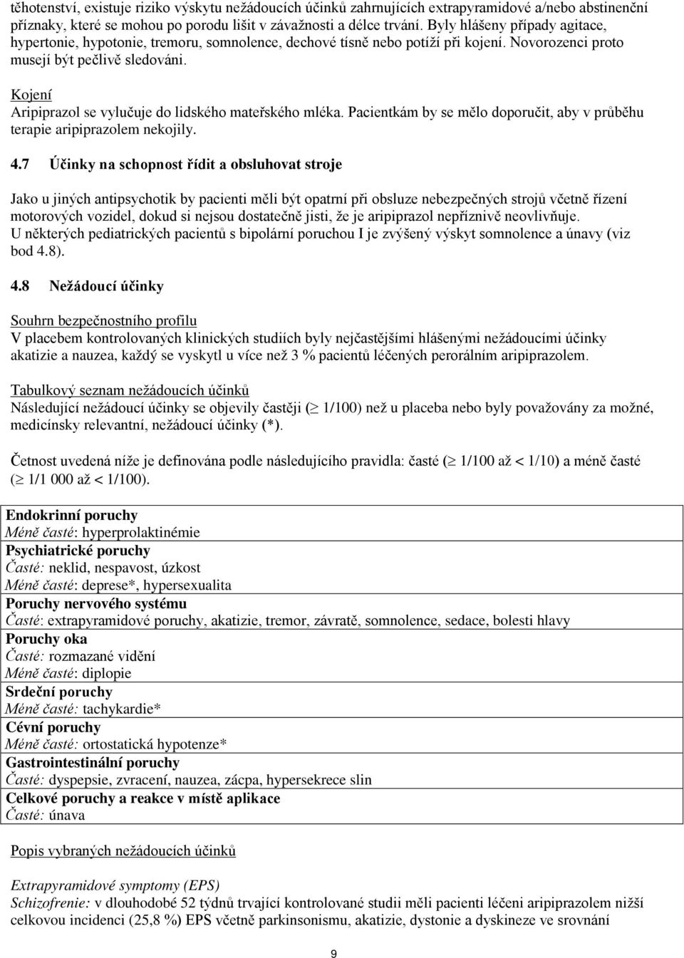 Kojení Aripiprazol se vylučuje do lidského mateřského mléka. Pacientkám by se mělo doporučit, aby v průběhu terapie aripiprazolem nekojily. 4.