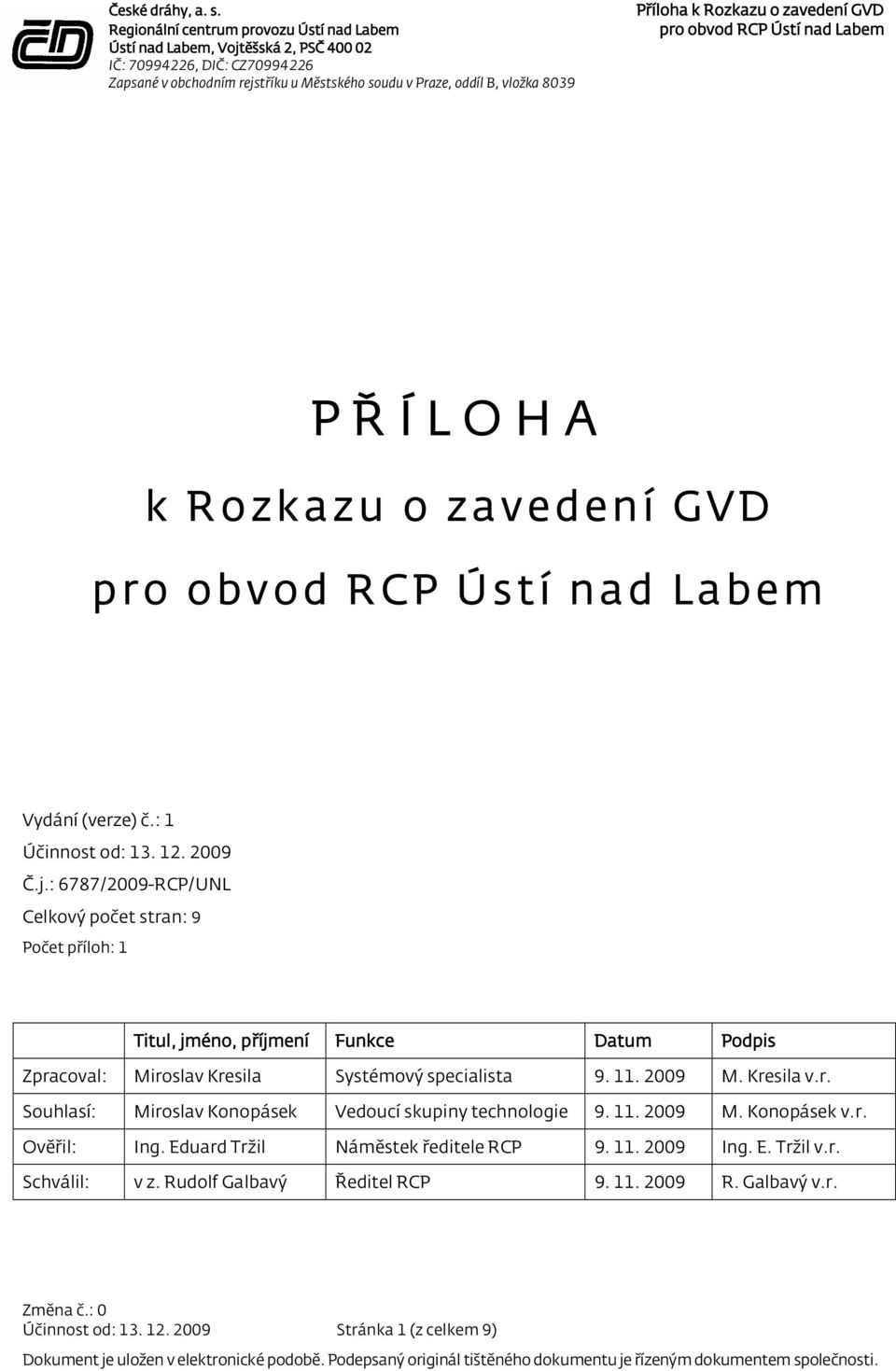 11. 2009 M. Kresila v.r. Souhlasí: Miroslav Konopásek Vedoucí skupiny technologie 9. 11. 2009 M. Konopásek v.r. Ověřil: Ing.