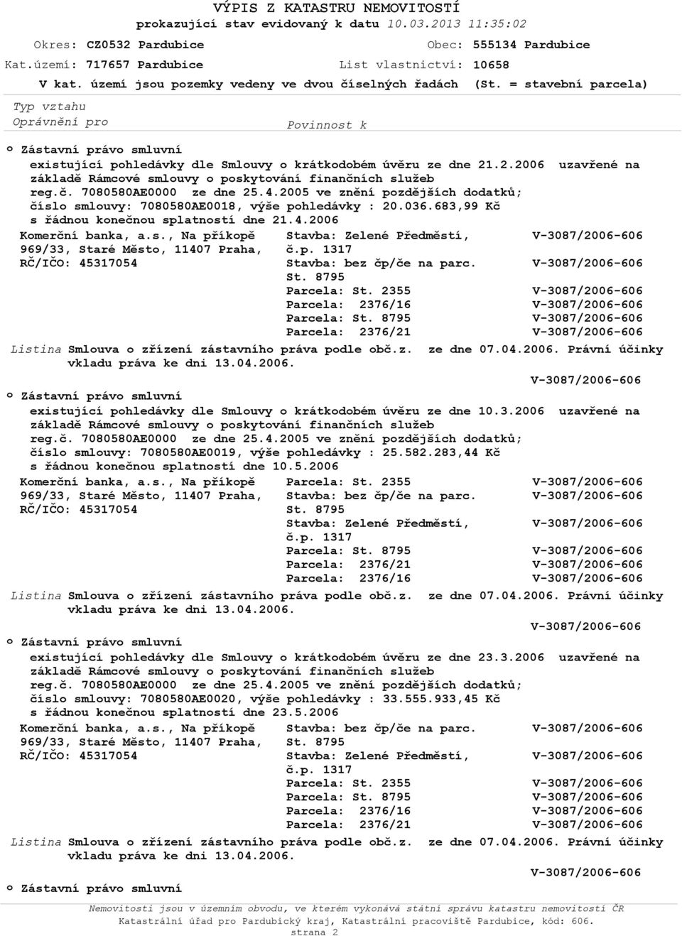 2006 Parcela: existující phledávky dle Smluvy krátkdbém úvěru ze dne 10.3.2006 uzavřené na reg.č. 7080580AE0000 ze dne 25.4.
