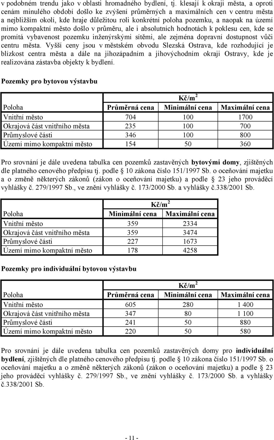 území mimo kompaktní město došlo v průměru, ale i absolutních hodnotách k poklesu cen, kde se promítá vybavenost pozemku inženýrskými sítěmi, ale zejména dopravní dostupnost vůči centru města.