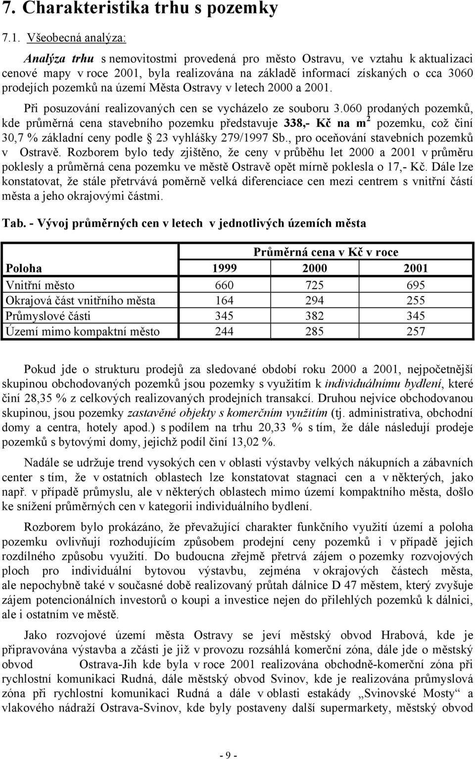 pozemků na území Města Ostravy v letech 2000 a 2001. Při posuzování realizovaných cen se vycházelo ze souboru 3.