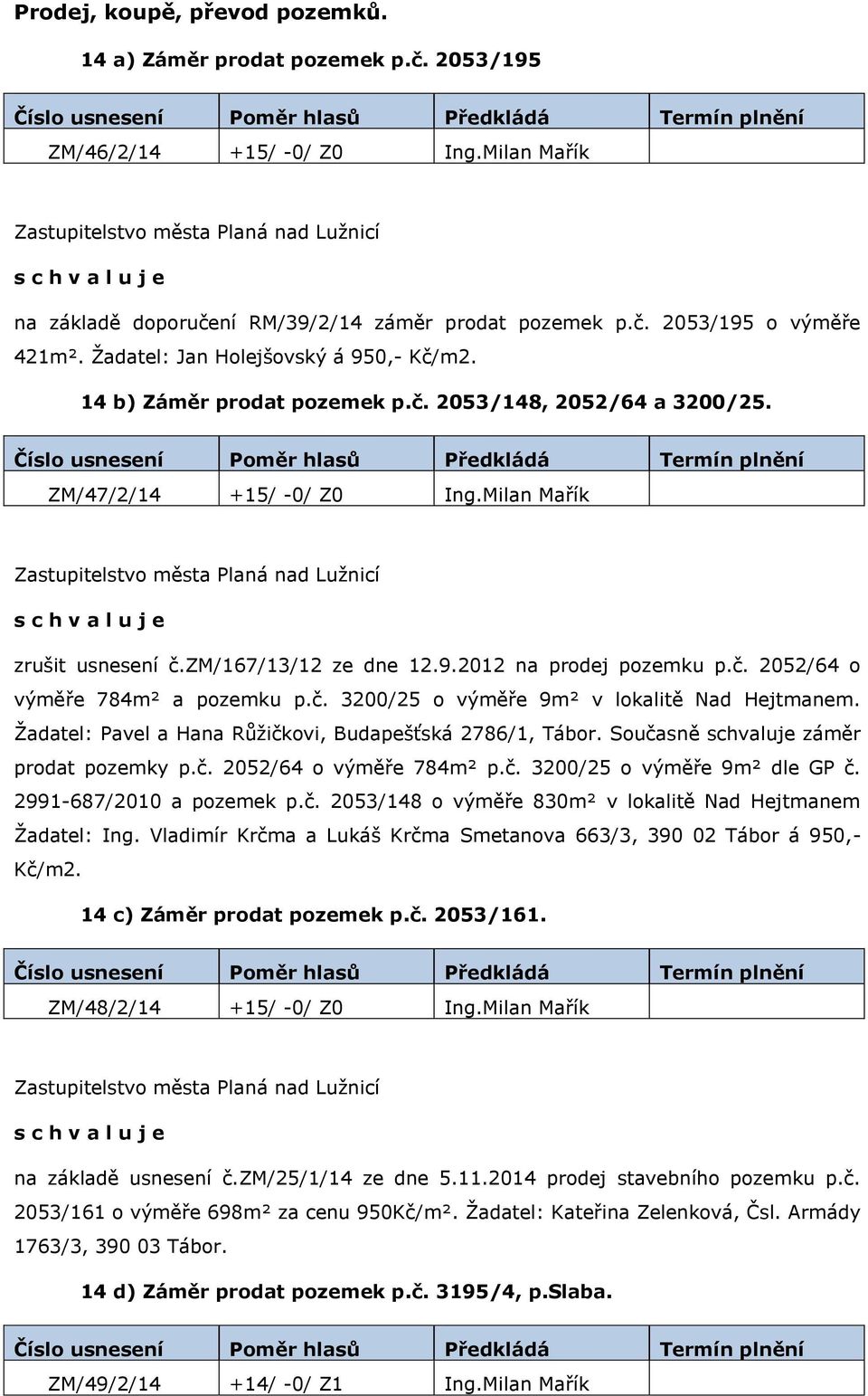 č. 2052/64 o výměře 784m² a pozemku p.č. 3200/25 o výměře 9m² v lokalitě Nad Hejtmanem. Žadatel: Pavel a Hana Růžičkovi, Budapešťská 2786/1, Tábor. Současně schvaluje záměr prodat pozemky p.č. 2052/64 o výměře 784m² p.