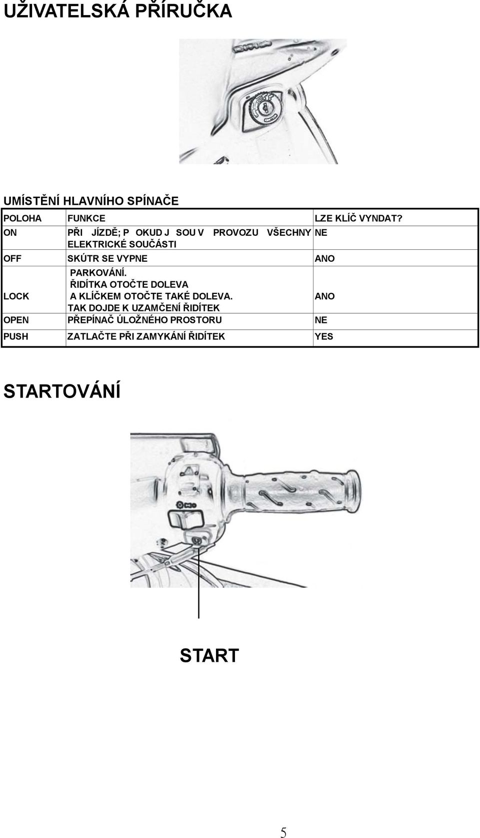 LOCK PARKOVÁNÍ. ŘIDÍTKA OTOČTE DOLEVA A KLÍČKEM OTOČTE TAKÉ DOLEVA.