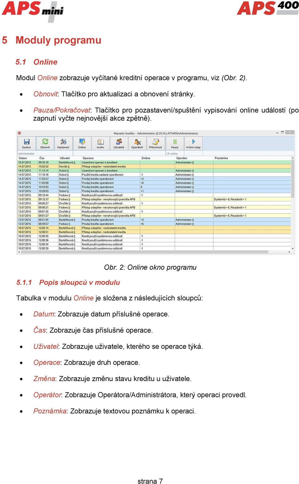 1 Popis sloupců v modulu Tabulka v modulu Online je složena z následujících sloupců: Datum: Zobrazuje datum příslušné operace. Čas: Zobrazuje čas příslušné operace.
