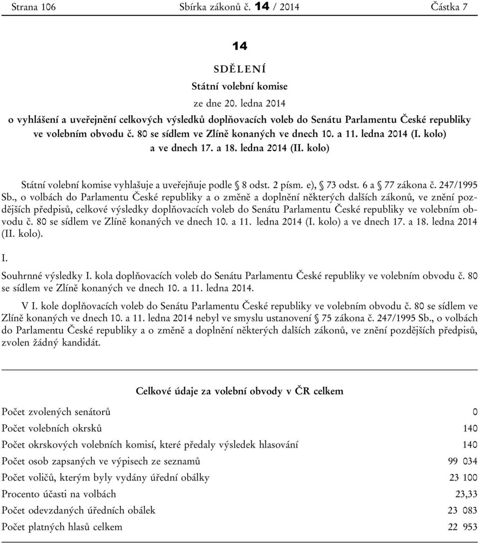 kolo) a ve dnech 17. a 18. ledna 2014 (II. kolo) Státní volební komise vyhlašuje a uveřejňuje podle 8 odst. 2 písm. e), 73 odst. 6 a 77 zákona č. 247/1995 Sb.