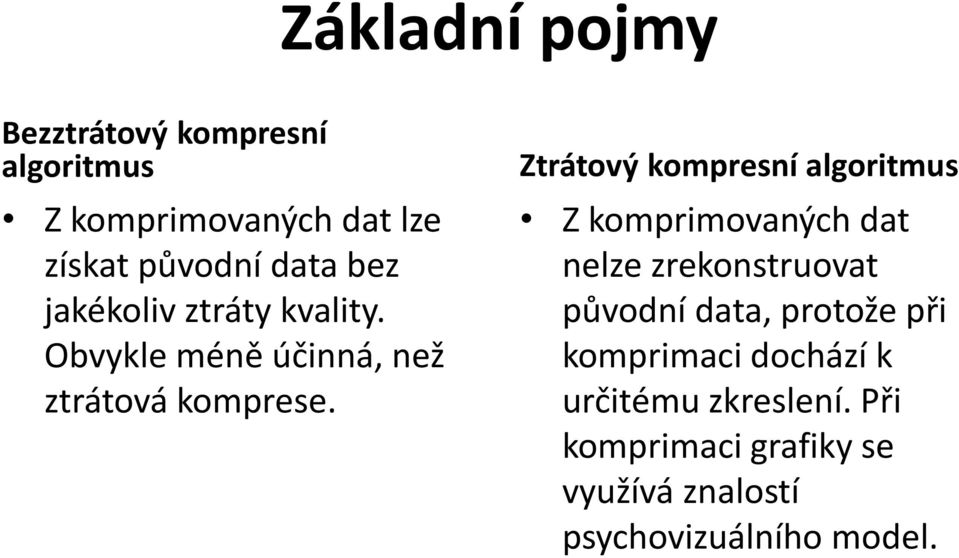 Ztrátový kompresní algoritmus Z komprimovaných dat nelze zrekonstruovat původní data,