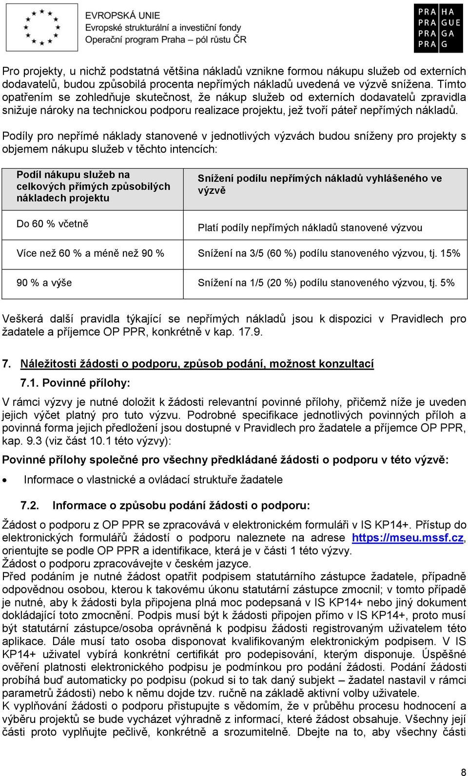 Podíly pro nepřímé náklady stanovené v jednotlivých výzvách budou sníženy pro projekty s objemem nákupu služeb v těchto intencích: Podíl nákupu služeb na celkových přímých způsobilých nákladech