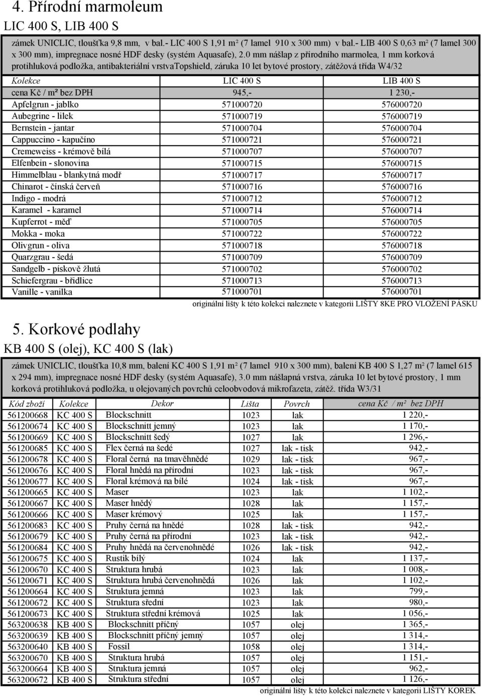 0 mm nášlap z přírodního marmolea, 1 mm korková protihluková podložka, antibakteriální vrstvatopshield, záruka 10 let bytové prostory, zátěžová třída W4/32 Kolekce LIC 400 S LIB 400 S cena Kč / m²