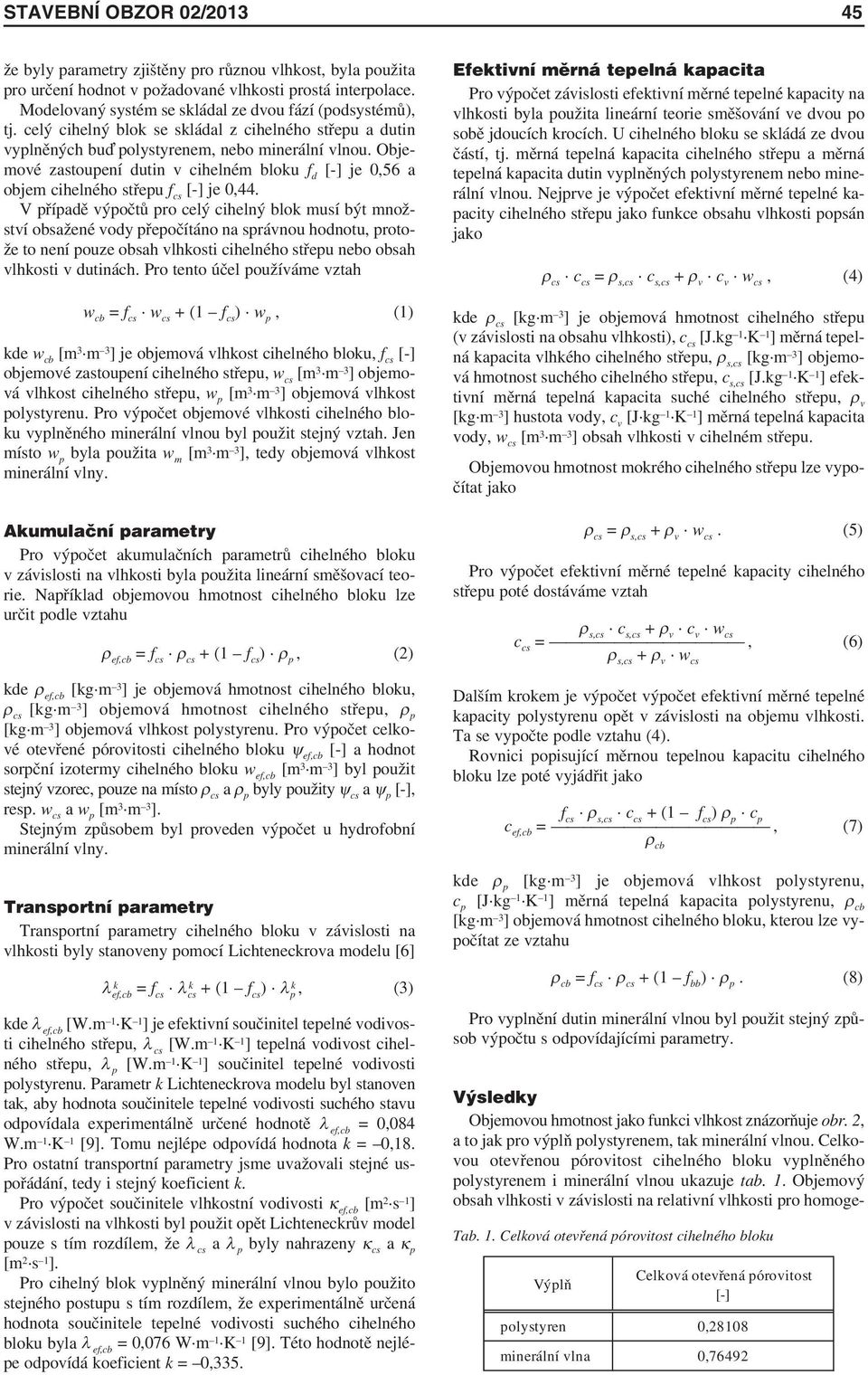 Objemové zastoupení dutin v cihelném bloku f d [-] je 0,56 a objem cihelného střepu f cs [-] je 0,44.