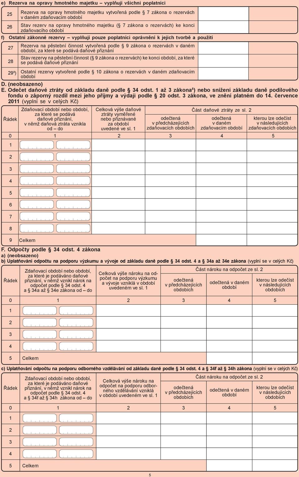 podle 0 zákona o rezervách v daném zdaňovacím D. (neobsazeno) E. Odečet daňové ztráty od základu daně podle odst.