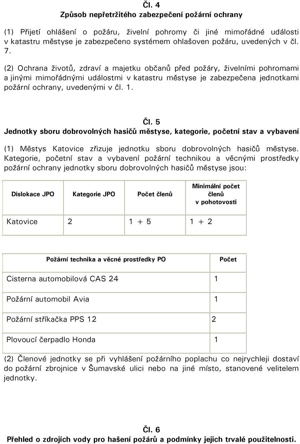 Čl. 5 Jednotky sboru dobrovolných hasičů městyse, kategorie, početní stav a vybavení (1) Městys Katovice zřizuje jednotku sboru dobrovolných hasičů městyse.