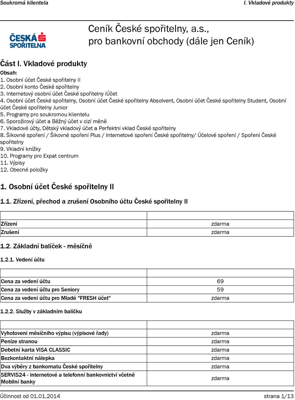 Osobní účet České spořitelny, Osobní účet České spořitelny Absolvent, Osobní účet České spořitelny Student, Osobní účet České spořitelny Junior 5. Programy pro soukromou klientelu 6.