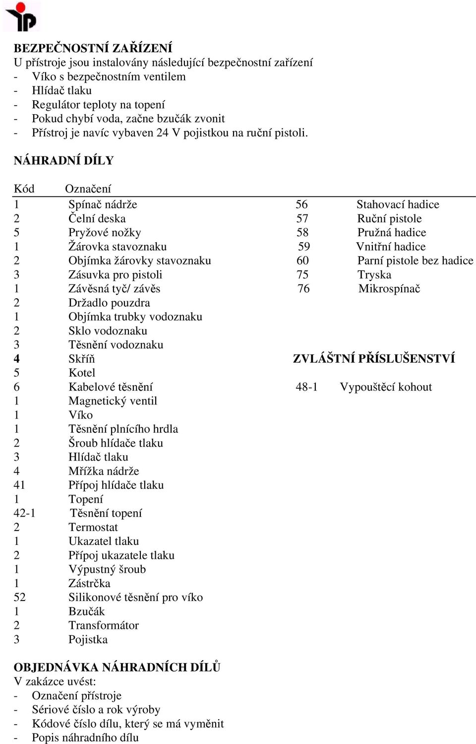 NÁHRADNÍ DÍLY Kód Označení 1 Spínač nádrže 56 Stahovací hadice 2 Čelní deska 57 Ruční pistole 5 Pryžové nožky 58 Pružná hadice 1 Žárovka stavoznaku 59 Vnitřní hadice 2 Objímka žárovky stavoznaku 60