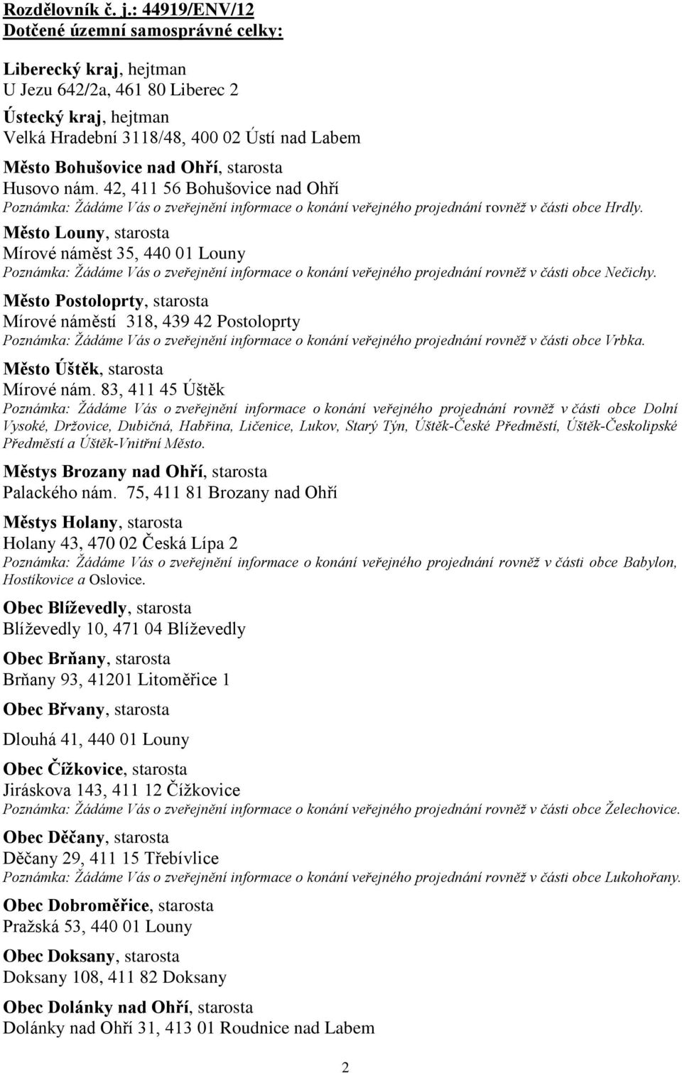 starosta Husovo nám. 42, 411 56 Bohušovice nad Ohří Poznámka: Žádáme Vás o zveřejnění informace o konání veřejného projednání rovněž v části obce Hrdly.