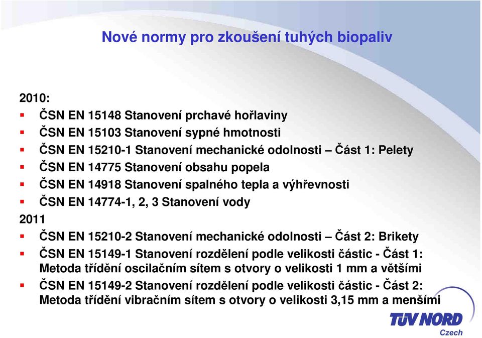 15210-2 Stanovení mechanické odolnosti Část 2: Brikety ČSN EN 15149-1 Stanovení rozdělení podle velikosti částic -Část 1: Metoda třídění oscilačním sítem s otvory