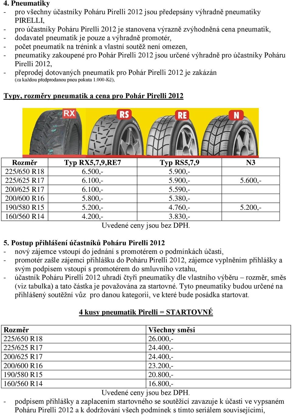 2012, - přeprodej dotovaných pneumatik pro Pohár Pirelli 2012 je zakázán (za každou předprodanou pneu pokuta 1.