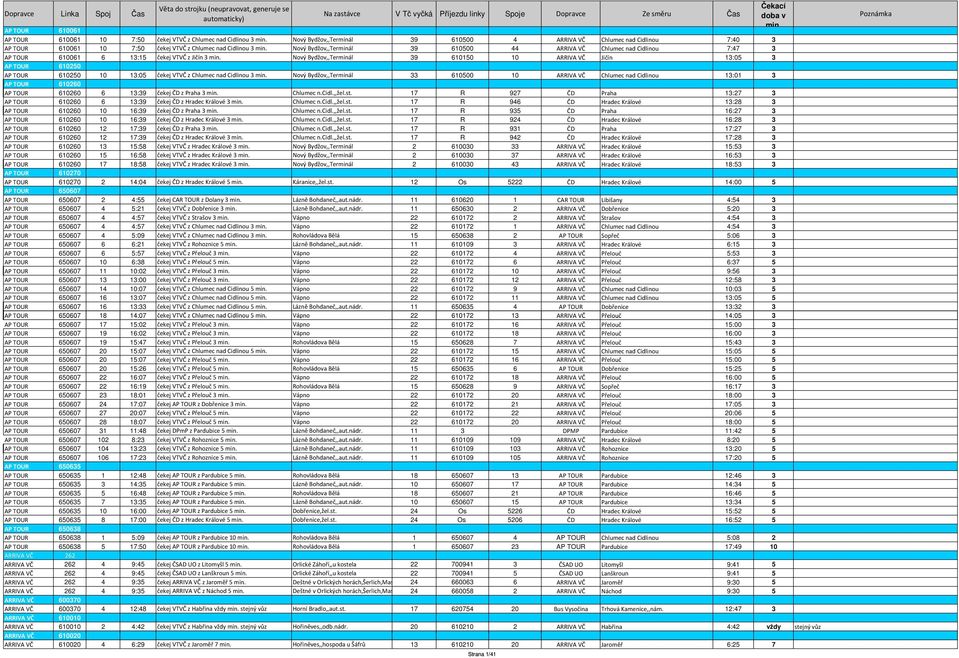 Nový Bydžov,,Terminál 39 610500 44 ARRIVA VČ Chlumec nad Cidlinou 7:47 3 AP TOUR 610061 6 13:15 čekej VTVČ z Jičín 3 min.