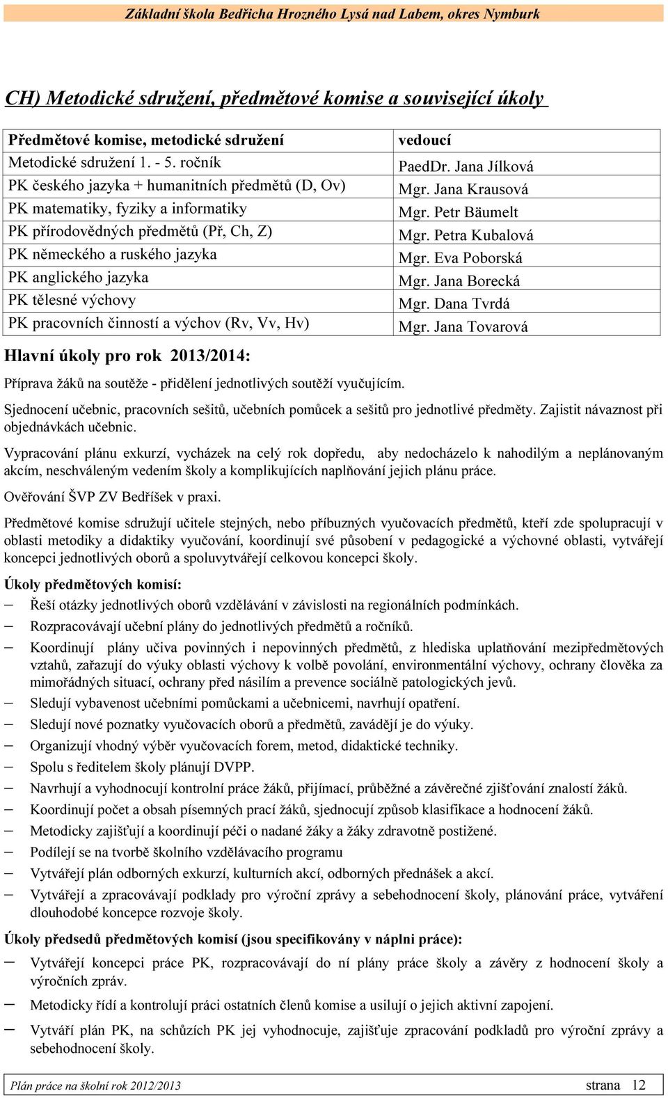 výchovy PK pracovních činností a výchov (Rv, Vv, Hv) Hlavní úkoly pro rok 2013/2014: Příprava žáků na soutěže - přidělení jednotlivých soutěží vyučujícím. vedoucí PaedDr. Jana Jílková Mgr.