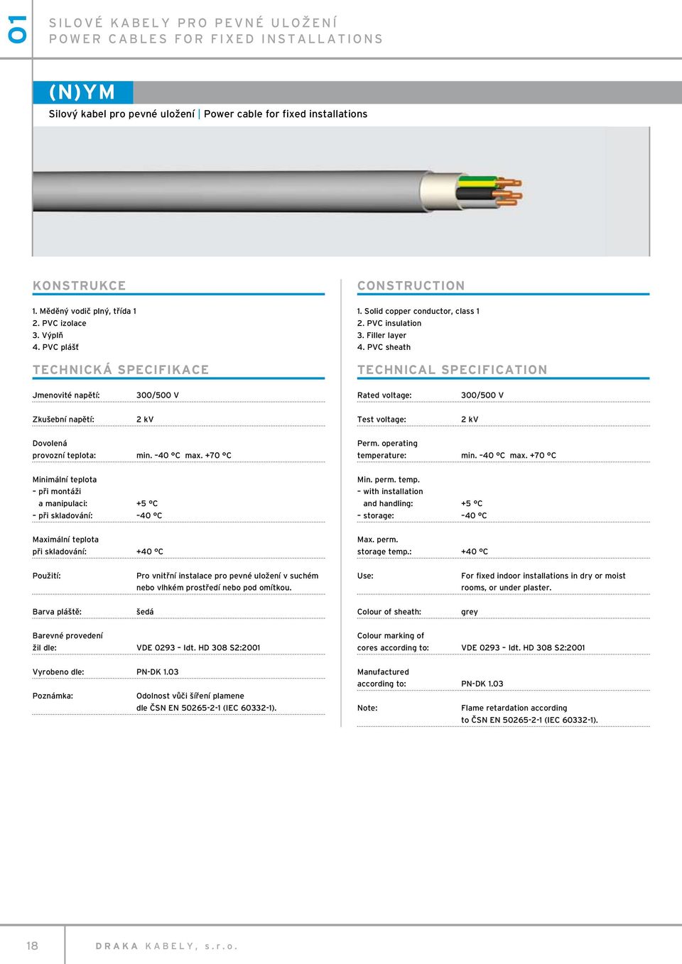 PVC sheath Technical specification Jmenovité napětí: 300/500 V Rated voltage: 300/500 V Zkušební napětí: 2 kv Test voltage: 2 kv Dovolená provozní teplota: min. 40 C max. +70 C Perm.