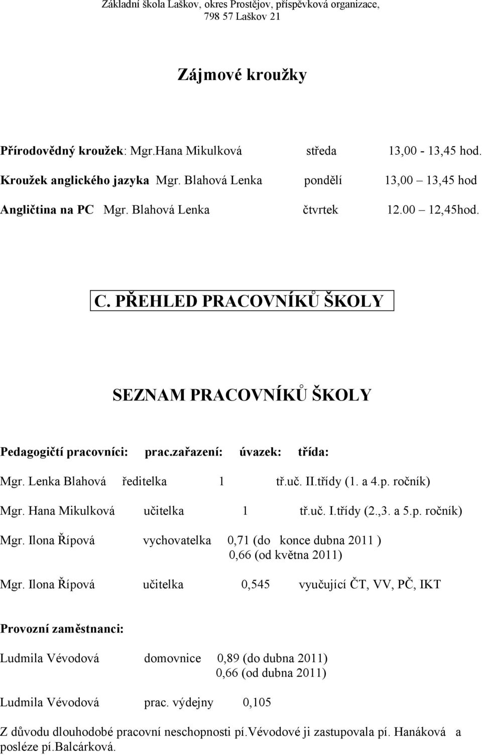 Hana ikulková učitelka 1 tř.uč. I.třídy (2.,3. a 5.p. ročník) gr. Ilona Řípová vychovatelka 0,71 (do konce dubna 2011 ) 0,66 (od května 2011) gr.