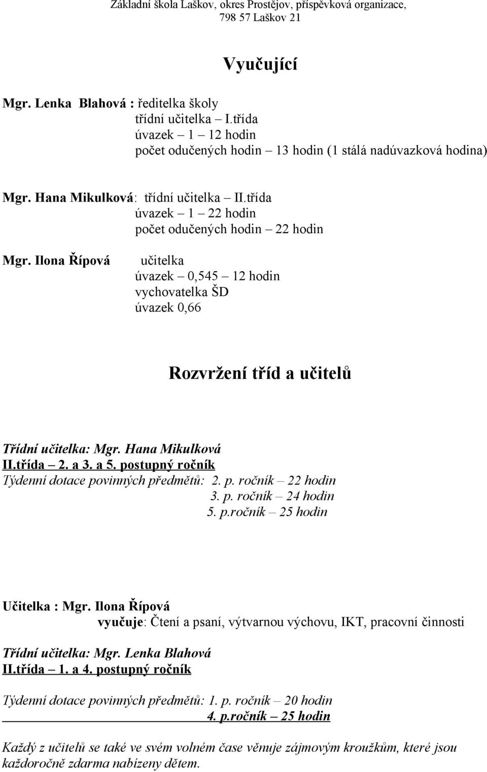 třída 2. a 3. a 5. postupný ročník Týdenní dotace povinných předmětů: 2. p. ročník 22 hodin 3. p. ročník 24 hodin 5. p.ročník 25 hodin Učitelka : gr.