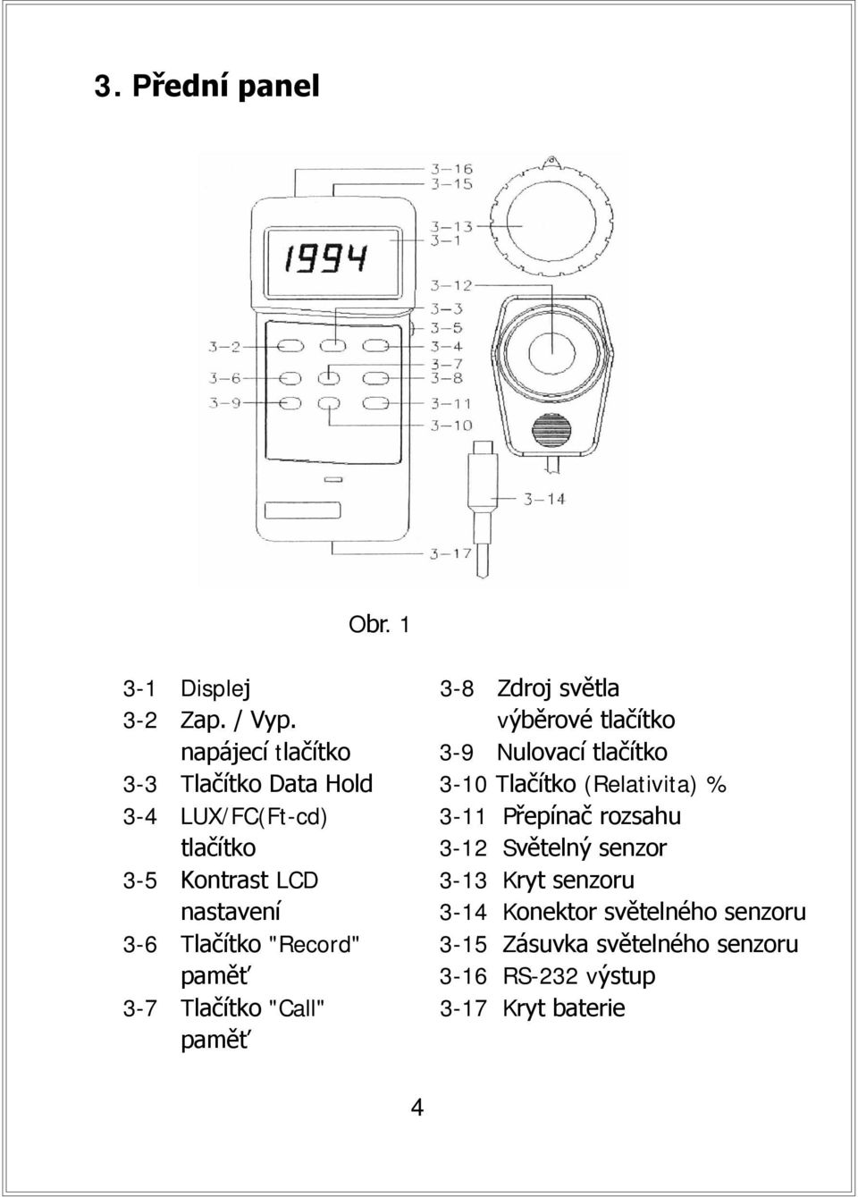 3-4 LUX/FC(Ft-cd) 3-11 Přepínač rozsahu tlačítko 3-12 Světelný senzor 3-5 Kontrast LCD 3-13 Kryt senzoru