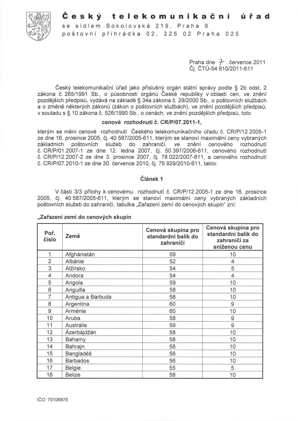 , o pusobnosti orgánu Ceské republiky v oblasti cen, ve znení pozdejších predpisu, vydává na základe 34a zákona C. 29/2000 Sb.