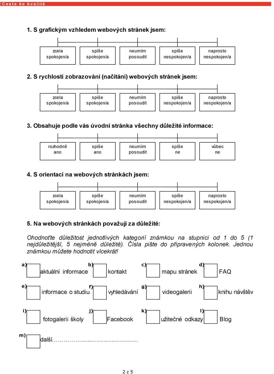 Na webových stránkách považuji za důležité: Ohodnoťte důležitost jednotlivých kategorií známkou na stupnici od 1 do 5 (1 jdůležitější, 5 jméně důležité).