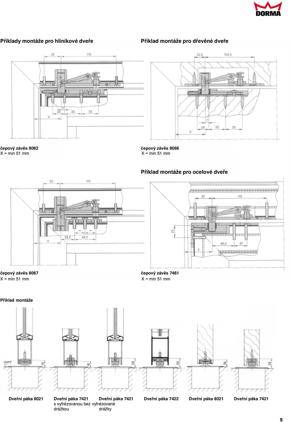èepový závìs 7461 X = min 51 mm Dveøní páka 8021 Dveøní páka 7421 Dveøní páka 7421