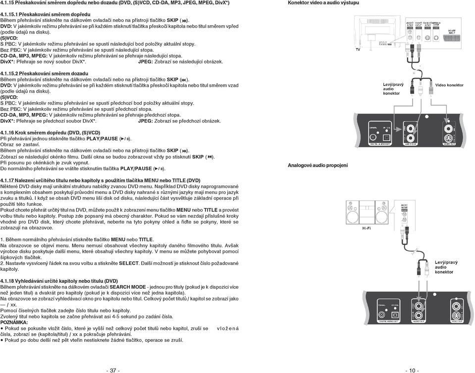(S)VCD: S PBC: V jakémkoliv režimu přehrávání se spustí následující bod položky aktuální stopy. Bez PBC: V jakémkoliv režimu přehrávání se spustí následující stopa.