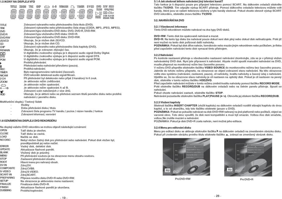 Zobrazení typu vloženého DVD disku: DVD+RW. Ukazuje, že je vložen disk (S)VCD. Ukazuje, že je vložen disk CD. Zobrazení vybraného nebo přehrávaného čísla kapitoly (DVD).