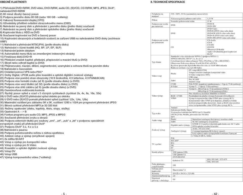 160 GB - volitelný) 4) Vakuový fluorescentní displej (VFD) 5) Uživatelsky přívětivé ovládání obrazovkového menu (OSD) 6) Nahrávání na pevný disk a přehrávání z pevného disku (jiného titulu) současně